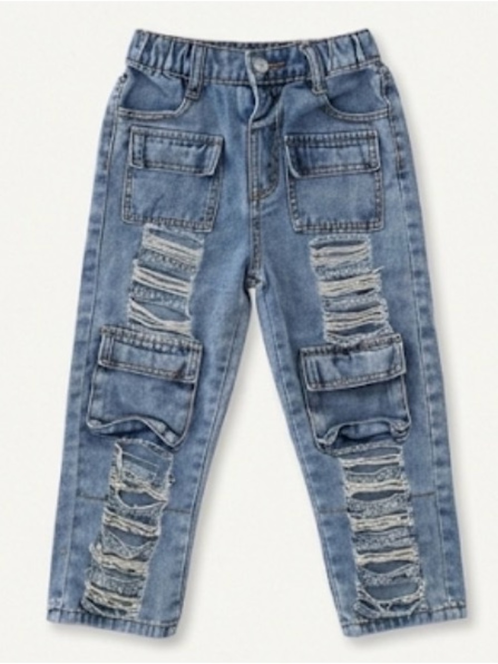 Kids Distressed Cargo Denim Pants - Blue